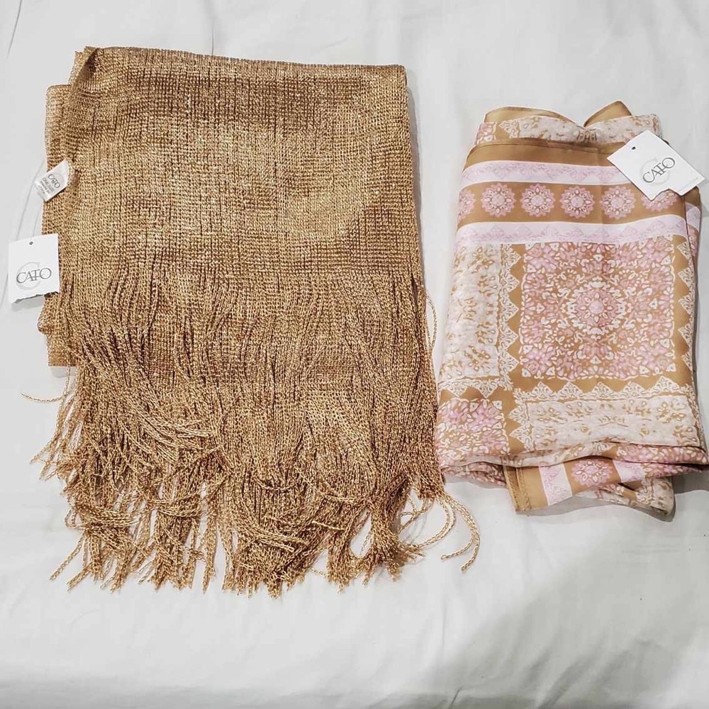 Cato Gold Fringe Scarf and Pink Patterned Scarf Set